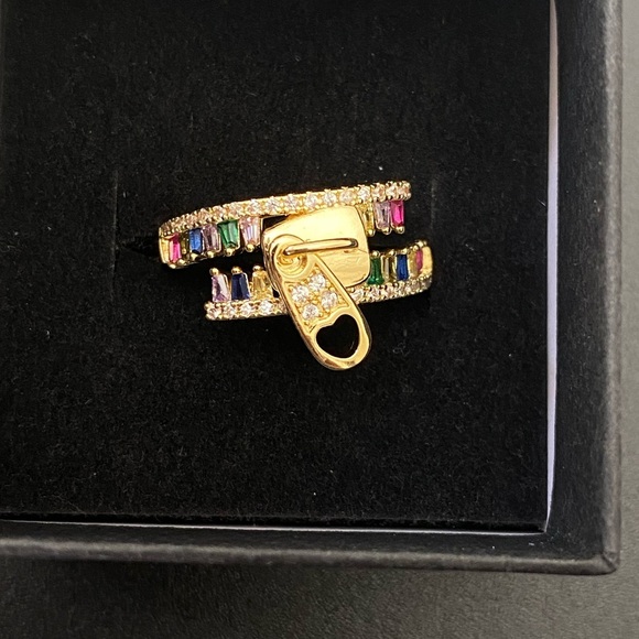 Sz 8 Gold Zipper Ring with Multicolor Stones - Picture 1 of 2